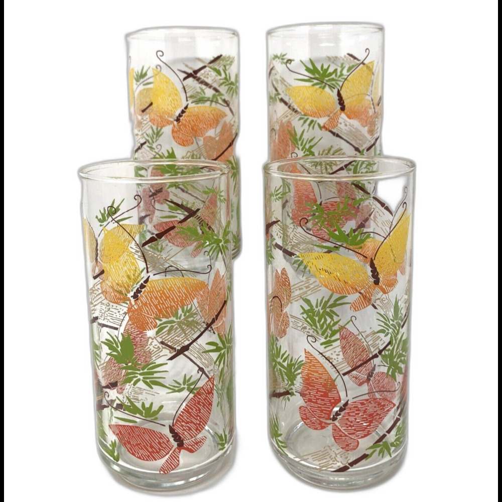 VTG Anchor Hocking Butterfly Tumblers 6" Tall 16 oz 70s MCM Iced Tea Set of 4